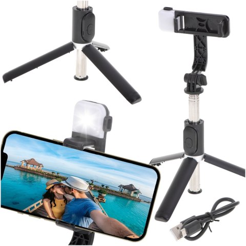 Kijek do selfie lampka LED statyw tripod czarny Kijek do selfie lampka LED statyw tripod czarny